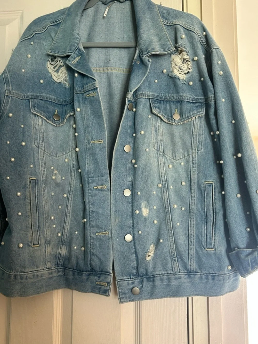 Free People Pearl-Embellished Denim Jacket With Distressing. Oversize fit. - Picture 3 of 8